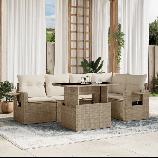 vidaXL 6-tlg. Garten-Sofagarnitur mit Kissen Beige Poly Rattan