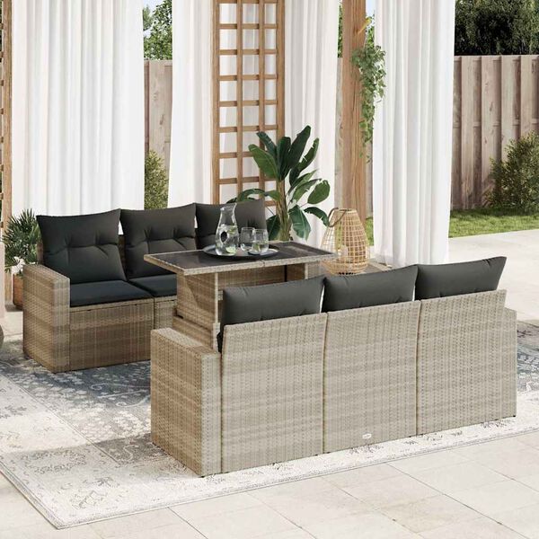 vidaXL 7-tlg. Garten-Sofagarnitur mit Kissen Hellgrau Poly Rattan