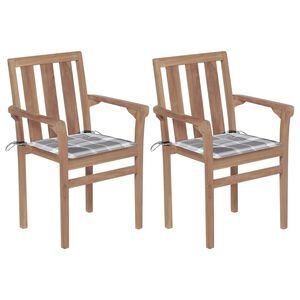 vidaXL Gartenst&uuml;hle 2 Stk. Graue Karomuster-Kissen Massivholz Teak
