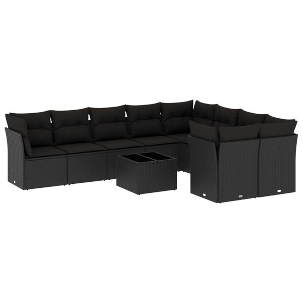 vidaXL 10-tlg. Garten-Sofagarnitur mit Kissen Schwarz Poly Rattan