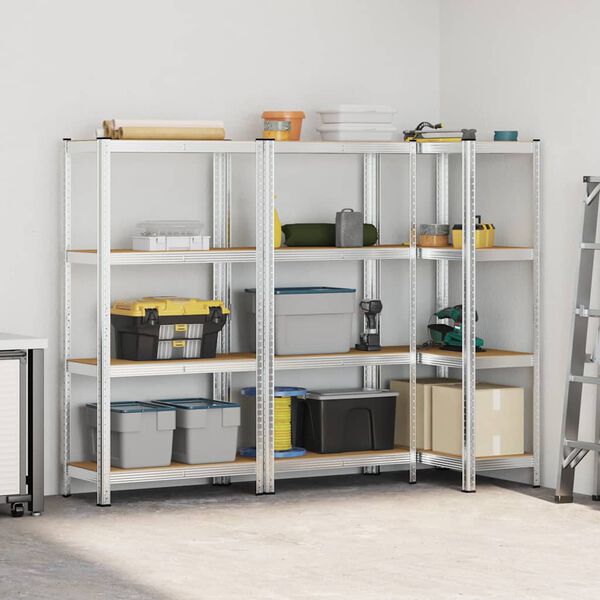 vidaXL Lagerregale mit 4 B&ouml;den 3 Stk. Silbern Stahl & Holzwerkstoff