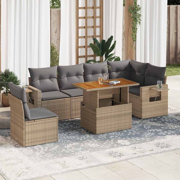 vidaXL 7-tlg. Garten-Sofagarnitur mit Kissen Beige Poly Rattan