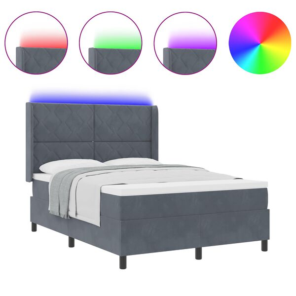 vidaXL Boxspringbett mit LED-Lichtleisten Dunkelgrau 140 x 190 cm Samt