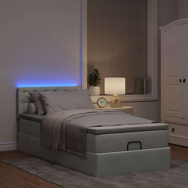 vidaXL Ottoman-Bett mit Matratze & LEDs Hellgrau 90x200 cm Samt