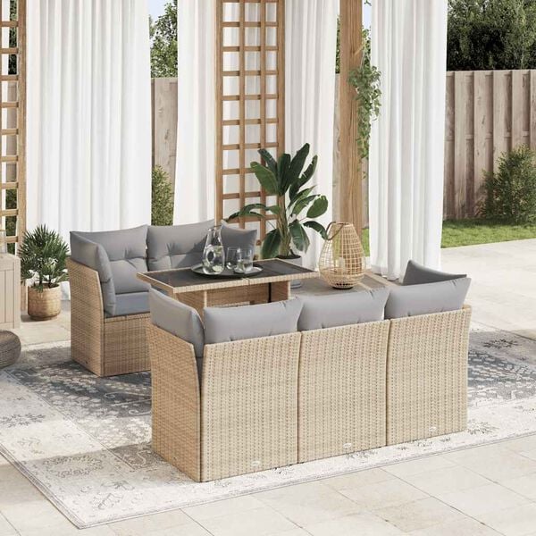 vidaXL 6-tlg. Garten-Sofagarnitur mit Kissen Beige Poly Rattan