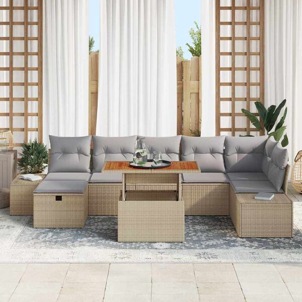 vidaXL Garten-Sofa-Set mit Kissen mit Speicher 8 pcs Beige Poly Rattan