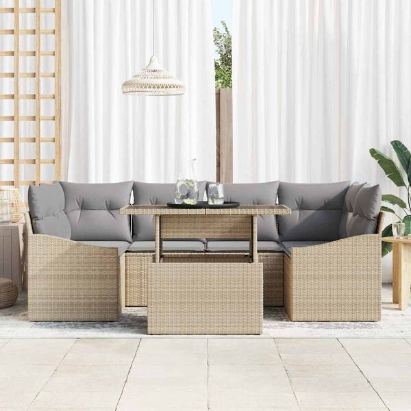 vidaXL Garten-Sofa-Set mit Kissen mit Speicher 7 pcs Beige Poly-Rattan