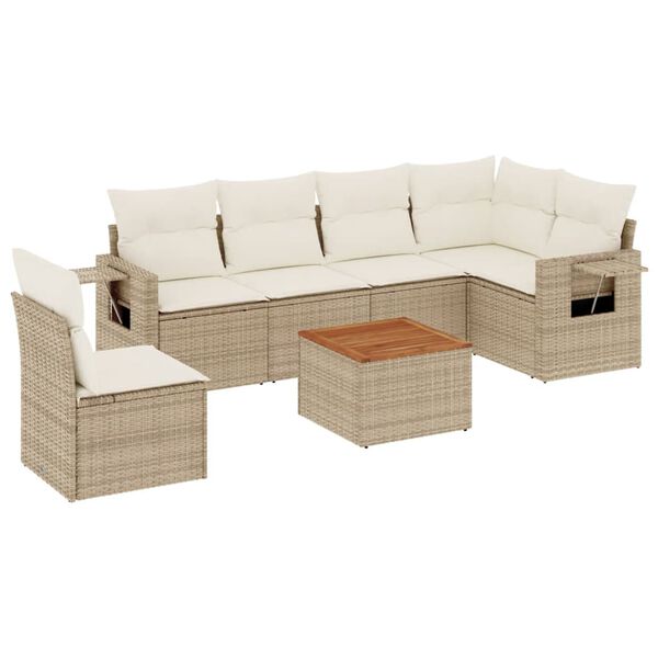 vidaXL 7-tlg. Garten-Sofagarnitur mit Kissen Beige Poly Rattan