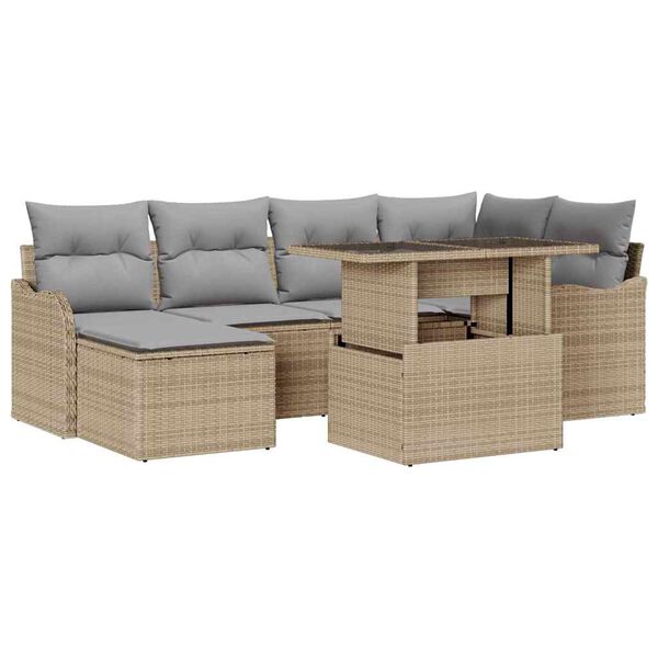 vidaXL Garten-Sofa-Set mit Kissen mit Speicher 7 pcs Beige Poly Rattan