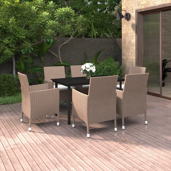 vidaXL 7-tlg. Garten-Essgruppe mit Auflagen Poly Rattan und Glas