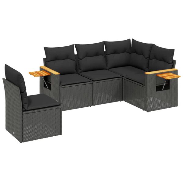 vidaXL 5-tlg. Garten-Sofagarnitur mit Kissen Schwarz Poly Rattan