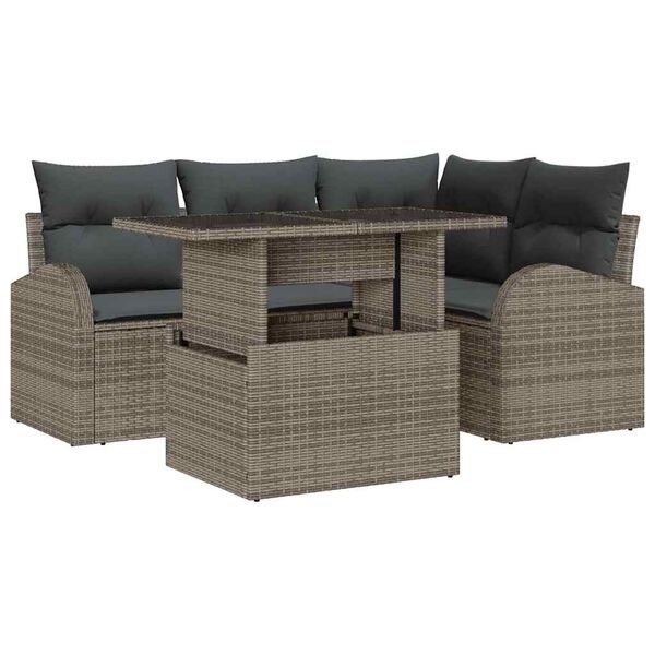 vidaXL Garten-Sofa-Set mit Kissen 5 pcs Grau Poly Rattan