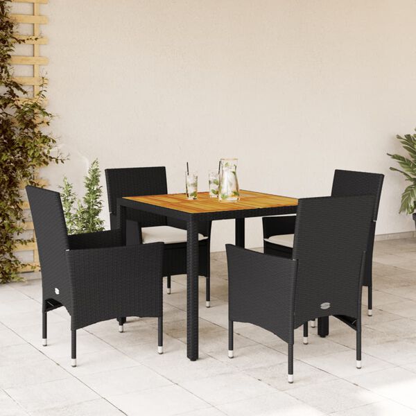 vidaXL 5-tlg. Garten-Essgruppe mit Kissen Schwarz Poly Rattan Akazie
