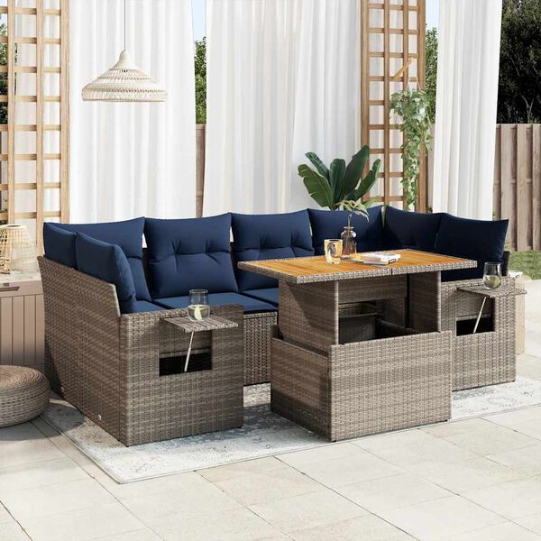 vidaXL 7-tlg. Garten-Sofagarnitur mit Kissen Grau Poly Rattan