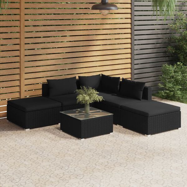 vidaXL 6-tlg. Garten-Lounge-Set mit Kissen Poly Rattan Schwarz
