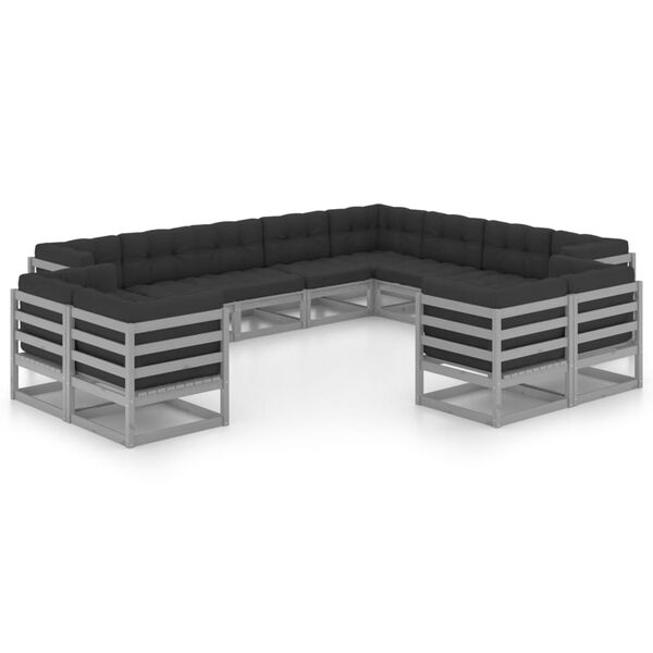 vidaXL 12-tlg. Garten-Lounge-Set mit Kissen Grau Massivholz Kiefer