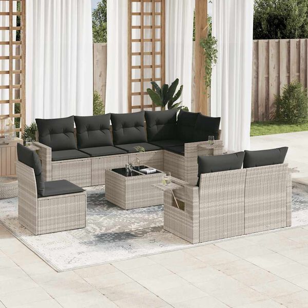 vidaXL 9-tlg. Garten-Sofagarnitur mit Kissen Hellgrau Poly Rattan