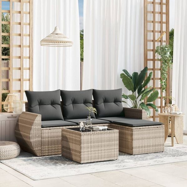 vidaXL 5-tlg. Garten-Sofagarnitur mit Kissen Hellgrau Poly Rattan