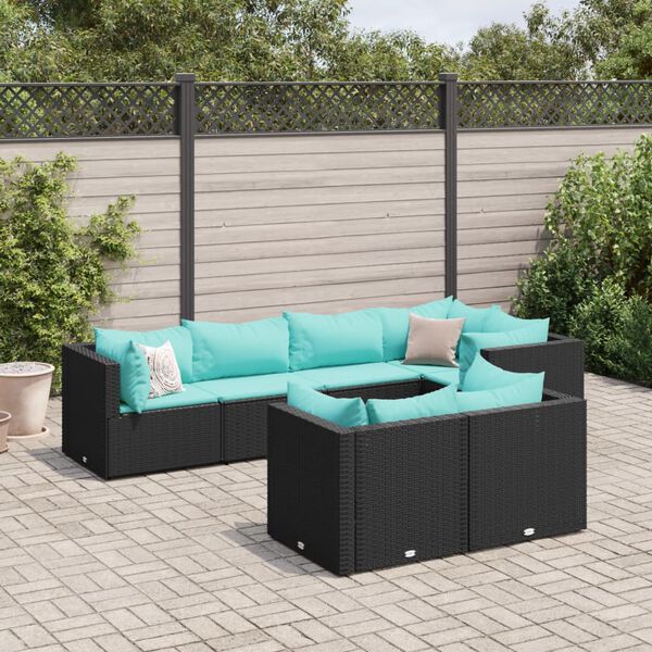 vidaXL 7-tlg. Garten-Lounge-Set mit Kissen Schwarz Poly Rattan