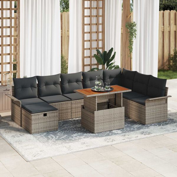 vidaXL Gartensofa-set mit Kissen mit Speicher 9 pcs Grau Poly-Rattan