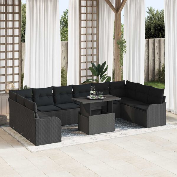 vidaXL Garten-Sofa-Set mit Kissen 11 pcs Schwarz Poly Rattan