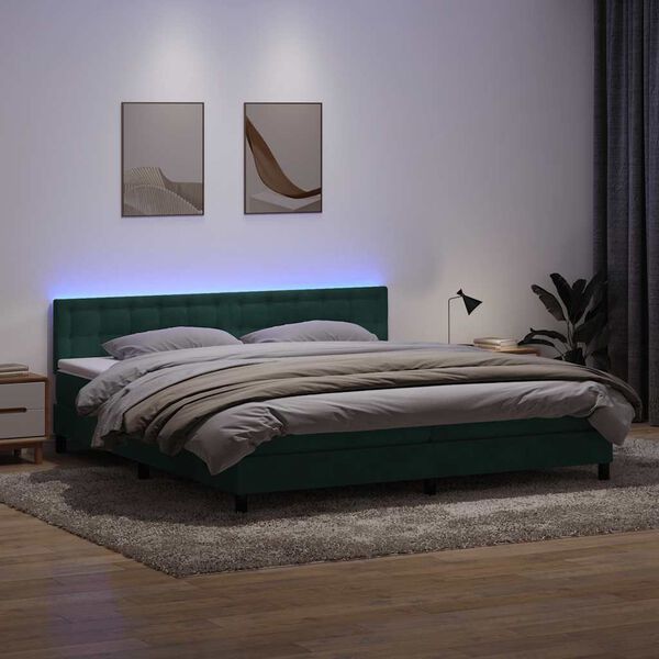 vidaXL Boxspringbett mit Matratze & LED Dunkelgr&uuml;n 180x210 cm Samt