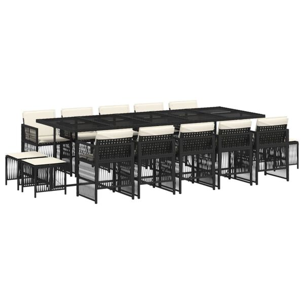 vidaXL 15-tlg. Garten-Essgruppe mit Kissen Schwarz Poly Rattan