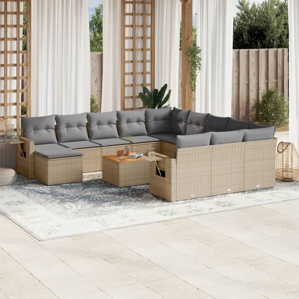 vidaXL 13-tlg. Garten-Sofagarnitur mit Kissen Beige Poly Rattan