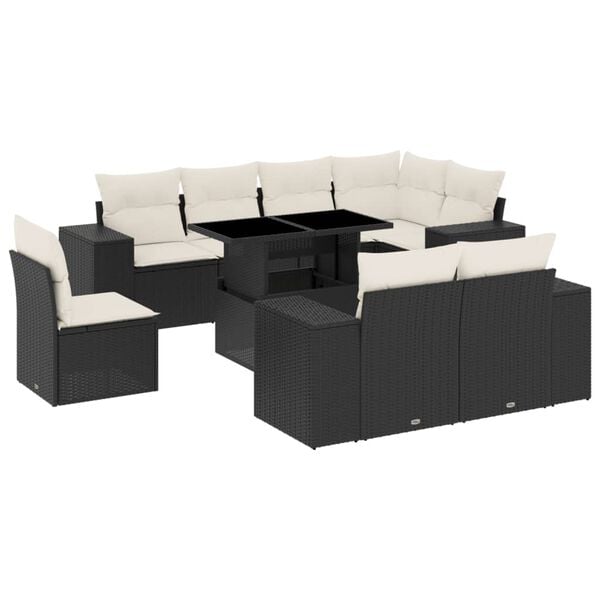 vidaXL 9-tlg. Garten-Sofagarnitur mit Kissen Schwarz Poly Rattan