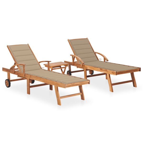 vidaXL Sonnenliegen 2 Stk. mit Tisch und Auflagen Massivholz Teak