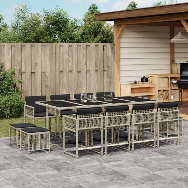 vidaXL 13-tlg. Garten-Essgruppe mit Kissen Hellgrau Poly Rattan