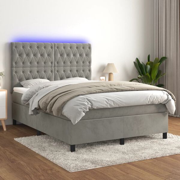 vidaXL Boxspringbett mit Matratze & LED Hellgrau 140x200 cm Samt