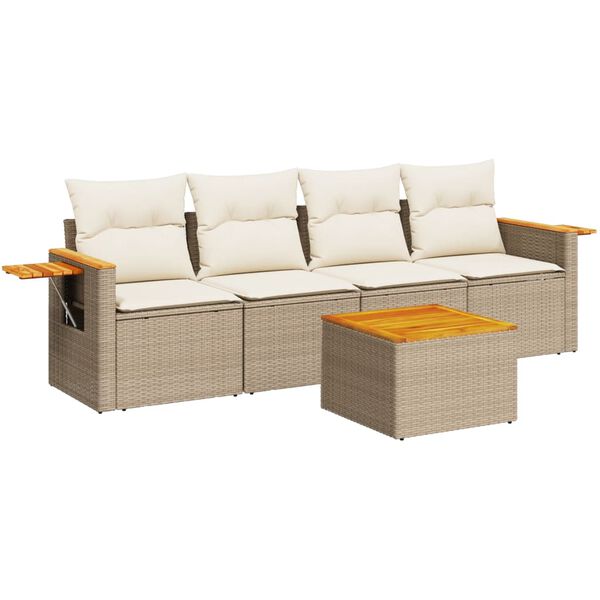 vidaXL 5-tlg. Garten-Sofagarnitur mit Kissen Beige Poly Rattan