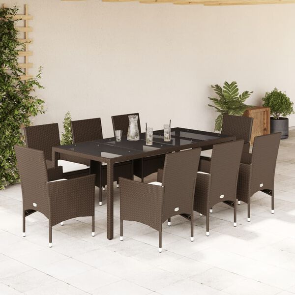 vidaXL 9-tlg. Garten-Essgruppe mit Kissen Braun Poly Rattan Glas
