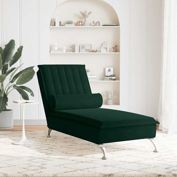 vidaXL Massage-Chaiselongue mit Nackenrolle Dunkelgr&uuml;n Samt