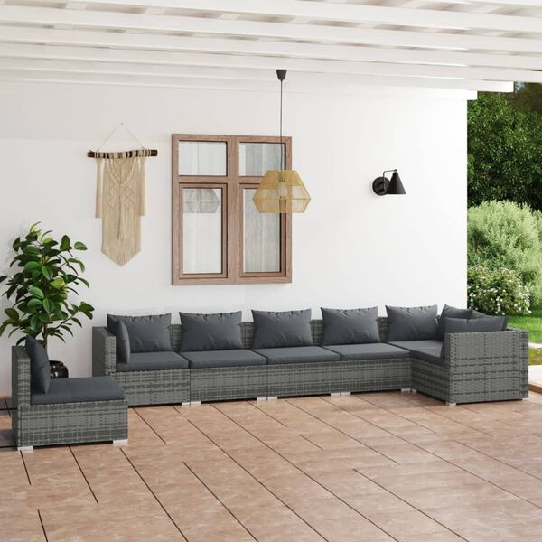 vidaXL 7-tlg. Garten-Lounge-Set mit Kissen Poly Rattan Grau