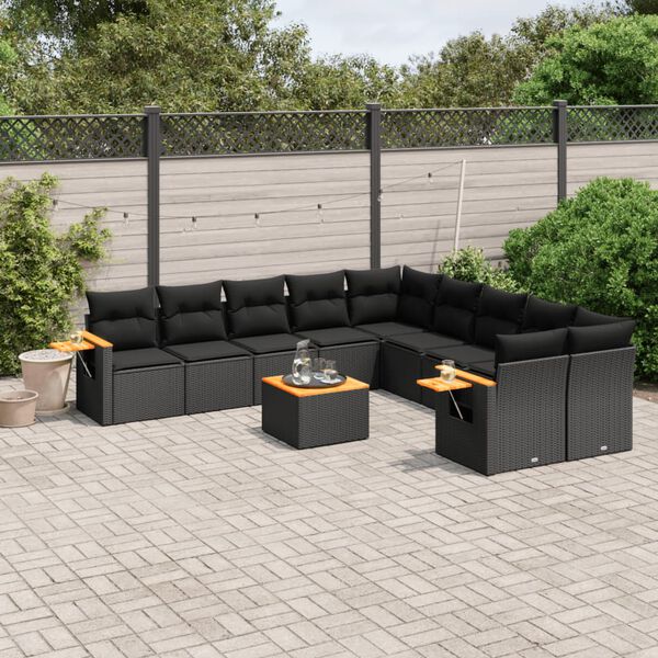 vidaXL 11-tlg. Garten-Sofagarnitur mit Kissen Schwarz Poly Rattan