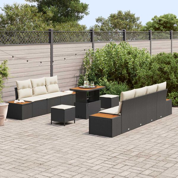vidaXL Garten-Sofa-Set mit Kissen 10 pcs Schwarz Poly Rattan