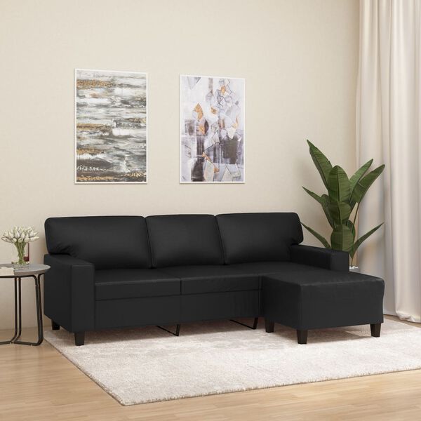vidaXL 3-Sitzer-Sofa mit Hocker Schwarz 180 cm Kunstleder