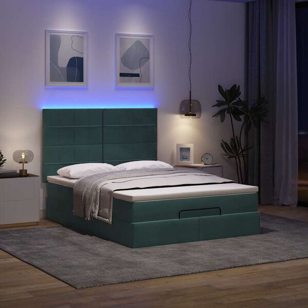vidaXL Ottoman-Bett mit Matratzen & LEDs Dunkelgrün 140x200 cm Samt