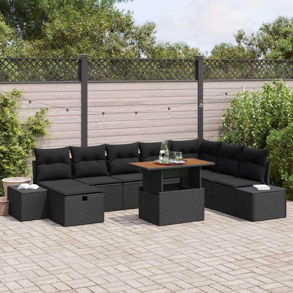 vidaXL Garten-Sofa-Set mit Speicher 9 pcs Schwarz Poly Rattan