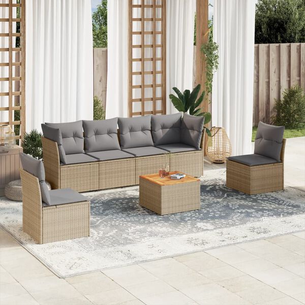 vidaXL 7-tlg. Garten-Sofagarnitur mit Kissen Beige Poly Rattan