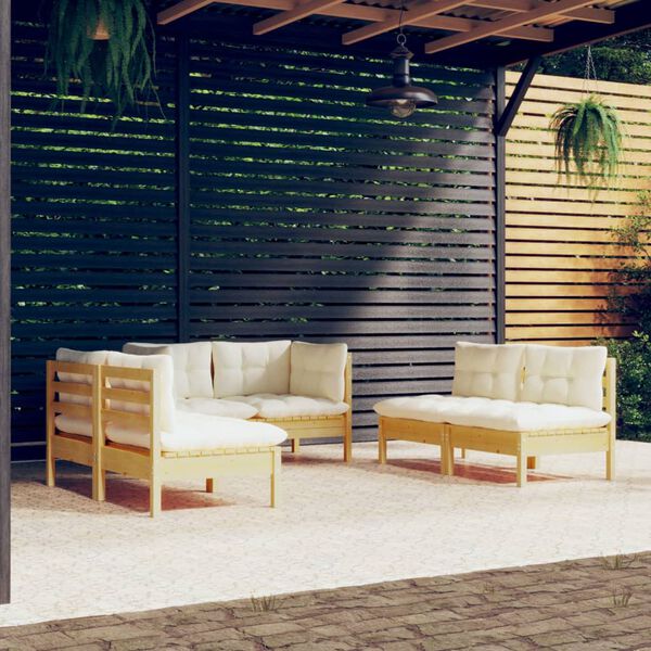 vidaXL 6-tlg. Garten-Lounge-Set mit Creme Kissen Massivholz Kiefer