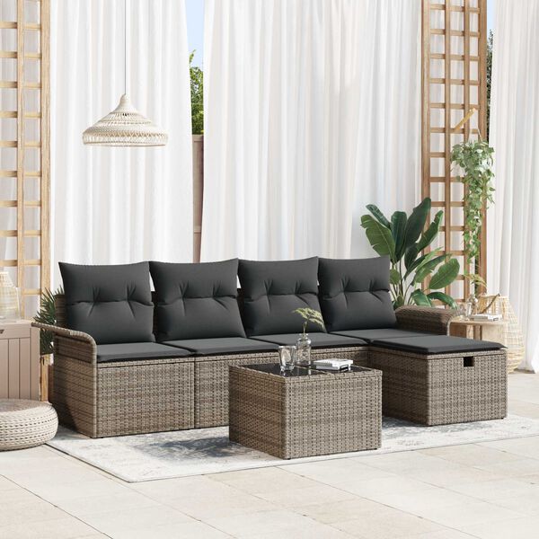 vidaXL Garten-Sofa-Set mit Kissen mit Speicher 6 pcs Grau Poly Rattan