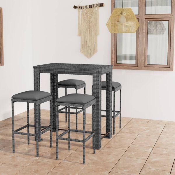 vidaXL 5-tlg. Gartenbar-Set mit Kissen Poly Rattan Grau