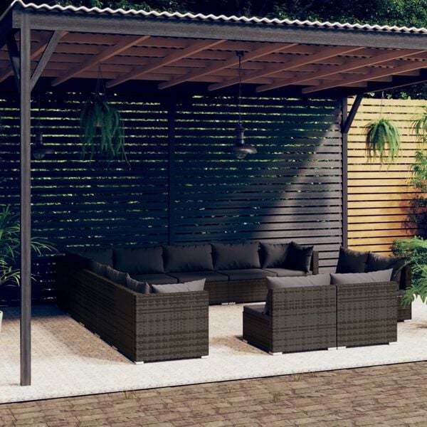 vidaXL 13-tlg. Garten-Lounge-Set mit Kissen Grau Poly Rattan