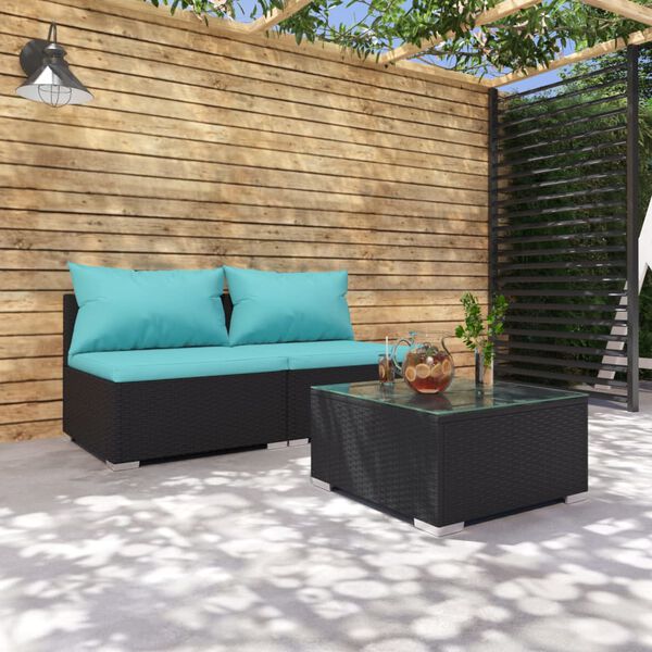 vidaXL 3-tlg. Garten-Lounge-Set mit Kissen Poly Rattan Schwarz