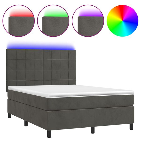 vidaXL Boxspringbett mit Matratze & LED Dunkelgrau 140x190 cm Samt