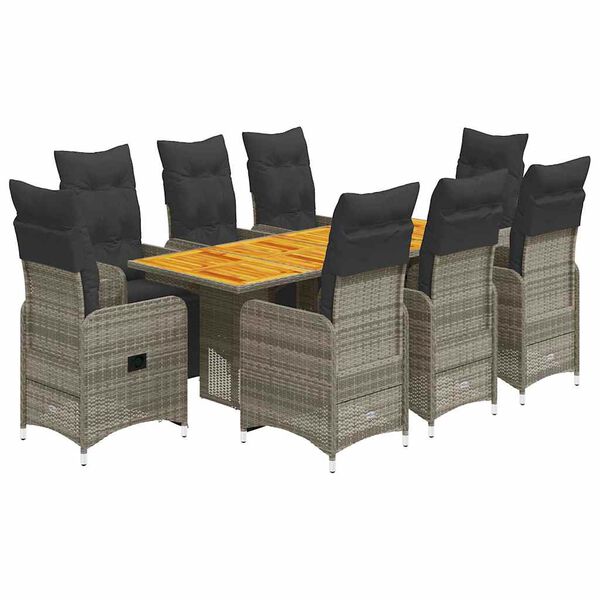 vidaXL 9-tlg. Garten-Bistro-Set mit Kissen Grau Poly Rattan