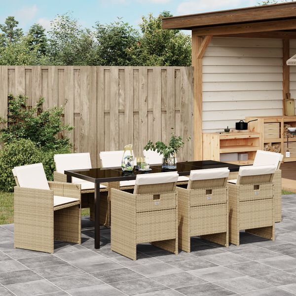 vidaXL Garten Essgruppe mit Kissen 9 pcs Beige Poly-Rattan